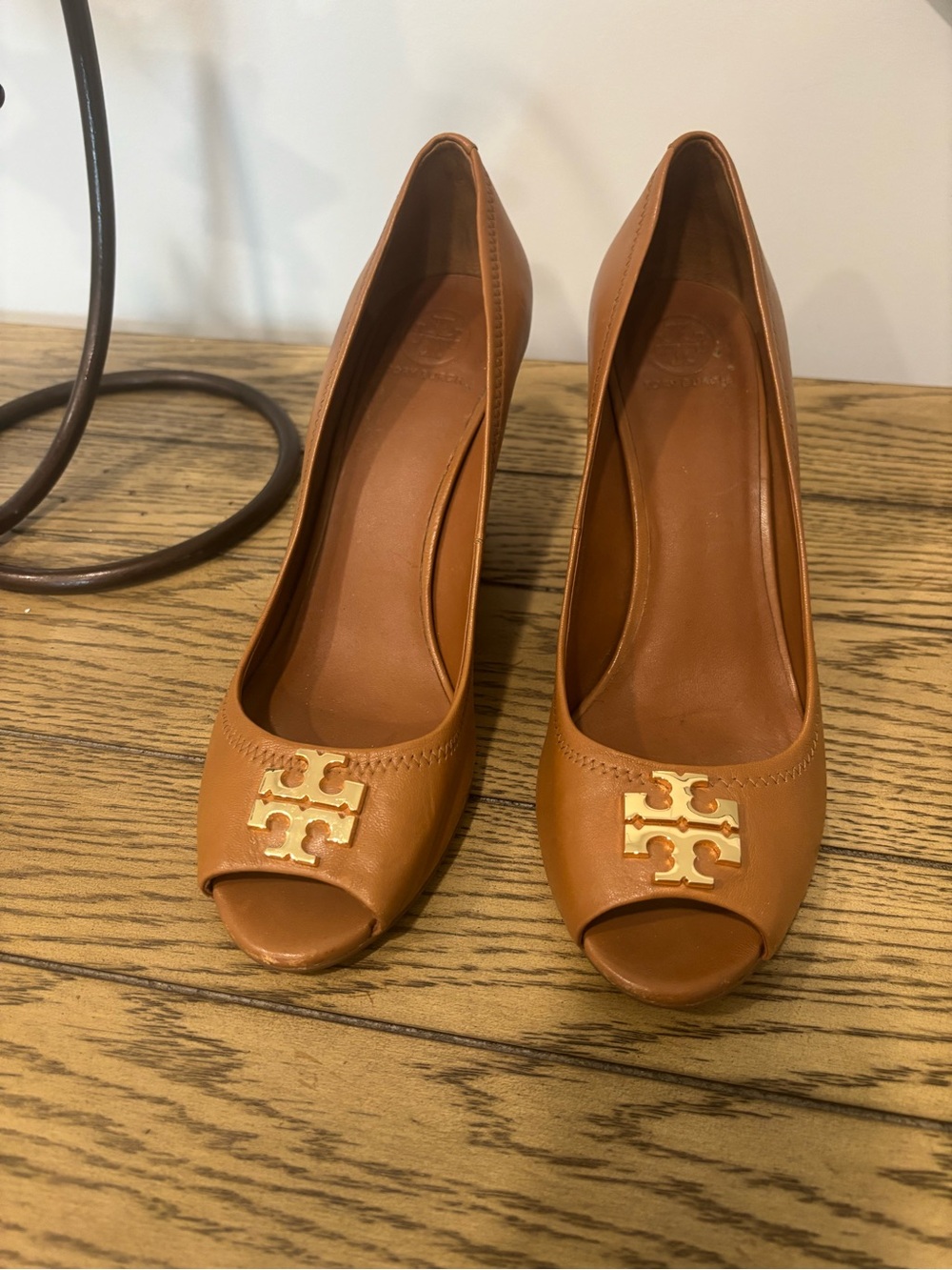 Tory Burch Cognac Peep-Toe Leather Heels with Gold Logo